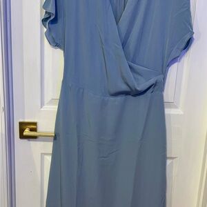 Elegant Blue Maxi Dress with Cross Front and Cap Sleeves